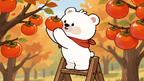Five-panel AI image series of a white bear in colorful autumn scenes